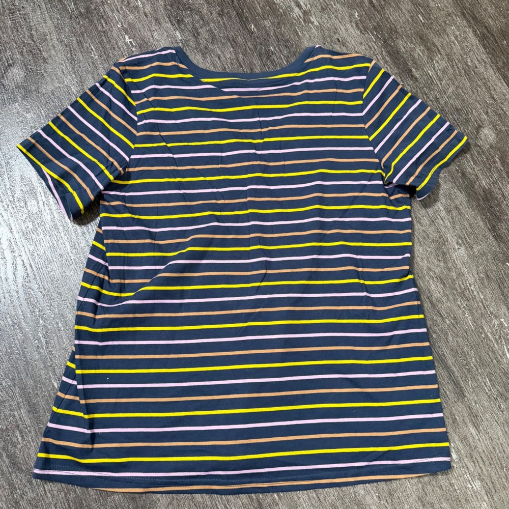 Pact T-Shirt Womens Medium Navy Blue Multi-Color Striped Organic Cotton V-Neck - Picture 4 of 4